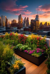 Fototapeta premium eye catching vibrant plant designs adorning contemporary urban rooftops lush greens colorful florals enhancing city landscapes, flower, arrangement, foliage