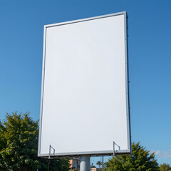 Mockup Large white blank billboard or white promotion poster displayed on the outdoor against the blue sky background. Promotion information for marketing announcements and details