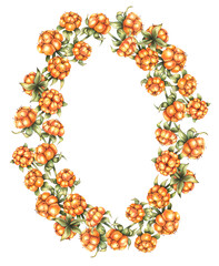 Cloudberry watercolor wreath. Cloudberry hand drawn frame. Northern berry for design of postcards and packaging, textiles etc.