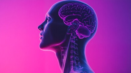 Obraz premium A 3D rendered illustration of a female head and neck with an exposed brain, viewed from the side against a pink background.