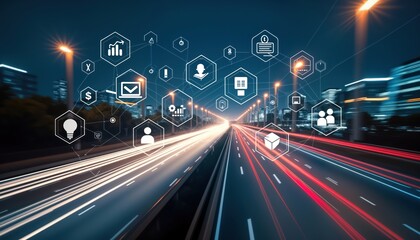 Fast moving highway at night with abstract tech icons superimposed on. Futuristic cityscapes visible in background. High speed motion blur creates dynamic feel. Represents business communication,