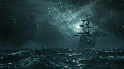 Galleon ship battling through the ocean storm with powerful waves and dramatic skies  
Seamless looping 4k time-lapse virtual video animation Generated AI