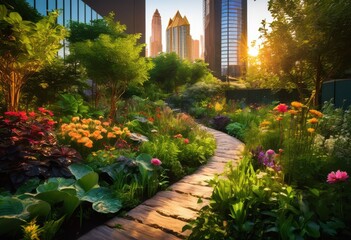 Obraz premium vibrant urban garden showcasing lush greenery beautiful pathways flourishing plant life breathtaking natural environment, plants, flowers, landscape, park