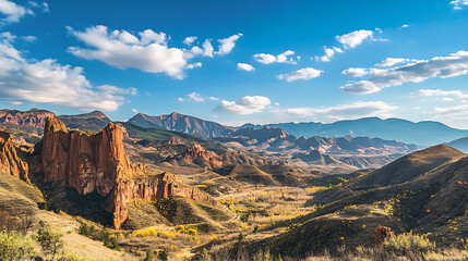 Naklejka premium Stunning Wide Shot Photo: Majestic Mountains Basking in Autumn Sunlight. AI Generated