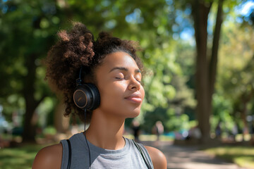 A woman wearing headphones is walking in a park