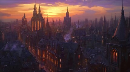 Stunning Digital Painting: Gothic Cityscape at Sunset. AI Generated