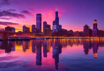 Obraz premium vibrant city skyline beautifully reflecting water during dusk illuminated buildings colorful sunset, architecture, cityscape, sunrise, urban, lights