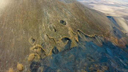 Aerial view of the ancient volcanic fumaroles of the Gairia Caldera, in Fuerteventura, Spain.