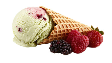 Vibrant gelato in waffle cone with fresh berries creates a joyful summer indulgence