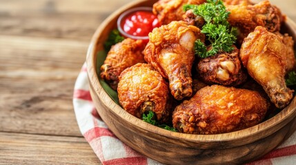Crispy Fried Chicken Displayed with Garnish and Sauce