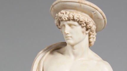 Marble Sculpture of a Young Man with Curly Hair and Hat in Soft Light