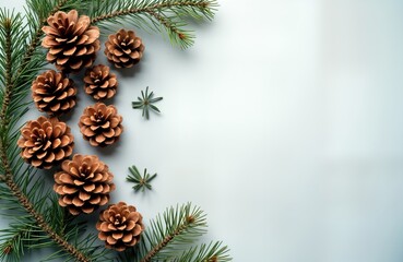 Grouped pine cones on light colored surface. Natural winter design. Branches with green foliage arranged. Flat lay style. Minimalist decor. Seasonal concept.