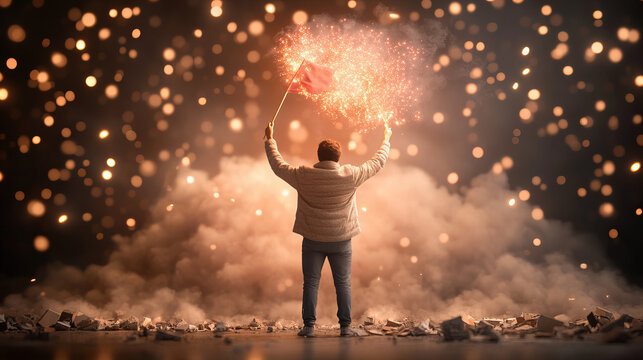 Lone protester waves flag through thick smoke in a moment of defiance and unity during the night - Powered by Adobe