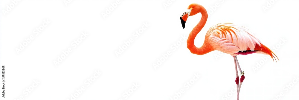 Poster Flamingo elegantly balancing on one leg in a serene pose with ample space for creative text placement. Generative AI
