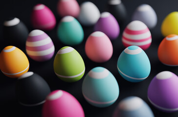 Naklejka premium Colorful decorative eggs in shades of pink, green, blue, and yellow are arranged neatly on a dark surface, showcasing unique patterns, ideal for Easter festivities and springtime celebrations