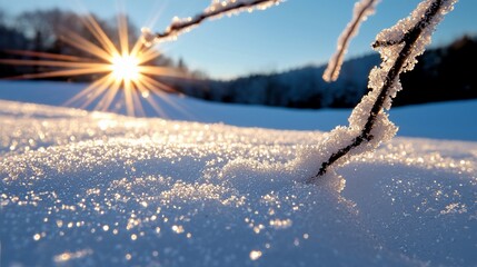 Frosty branches in snowy field at sunrise.