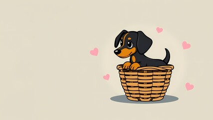 Loving Dachshund puppy with floating hearts in gentle cartoon style
