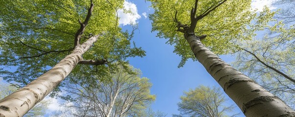 Fototapeta premium Im Wald filtert der Sonnenschein durch die grünen Baumkronen zu einem zauberhaften Anblick