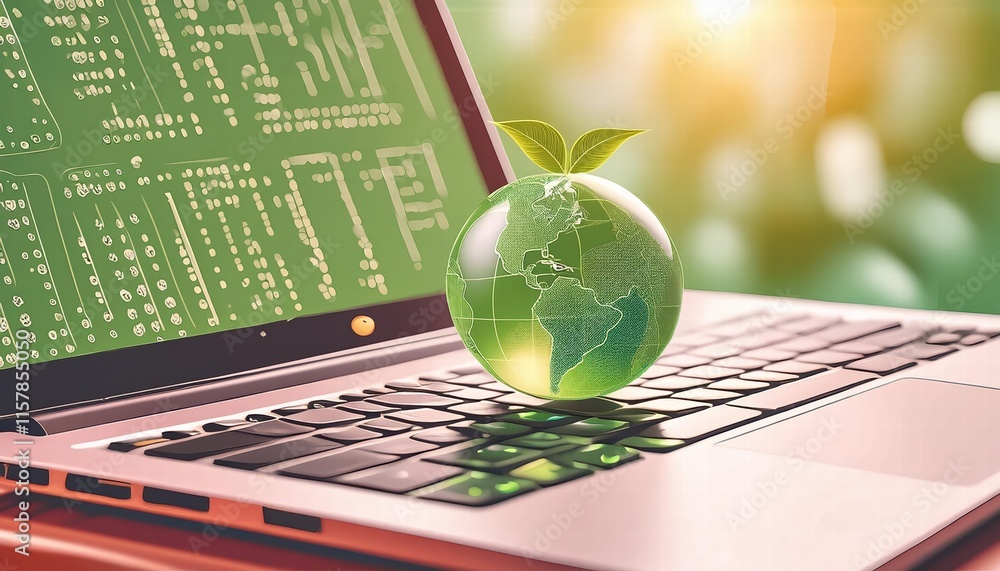 Aufkleber innovative technology meets nature a laptop keyboard with a green globe symbolizing efficient techno