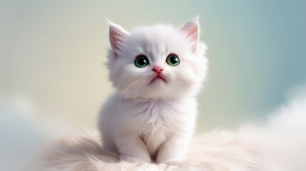 Sweet white kitten looking upward on a soft pastel background. Perfect for marketing, print designs, or online content, radiating charm and simplicity