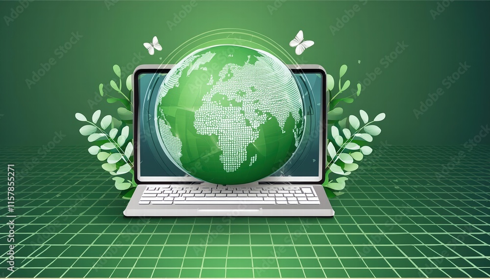 Poster embracing nature a laptop keyboard merging technology with a green globe, symbolizing efficient inno