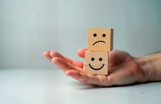 Hand holds wooden cubes with happy, sad faces. Mood concept. Customer feedback. Positive, negative reviews. Survey. Business. Service quality. Product evaluation. Opinion. User experience. Human