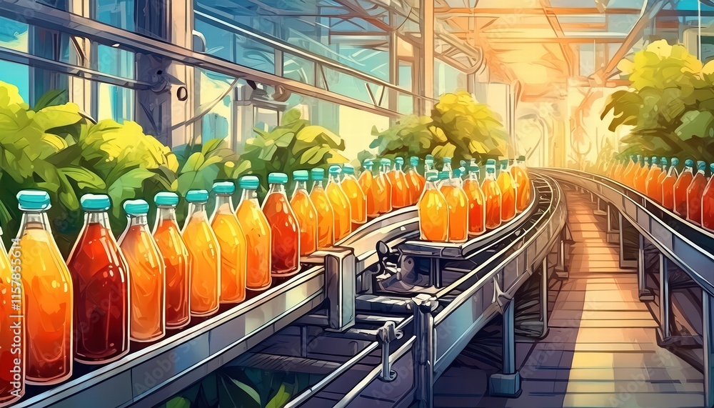 Poster the beverage factorys automated production line bottling fresh fruit juice efficiently on a highspee