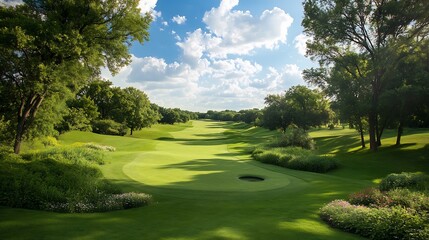 Naklejka premium Stunning Wide Shot Photo: Serene Golf Course Under a Bright Summer Sky. AI Generated