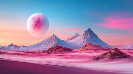 Fototapeta premium Dreamlike Pink Planet Landscape: Vibrant Digital Painting in a Surreal Style. AI Generated