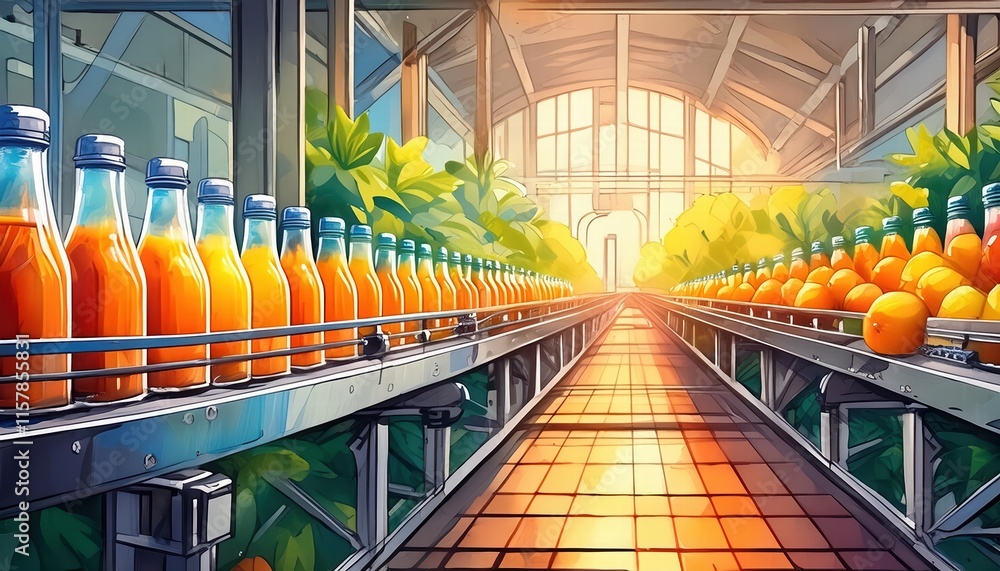 Poster efficient beverage factory automated production line bottling fresh fruit juice on conveyor belt for
