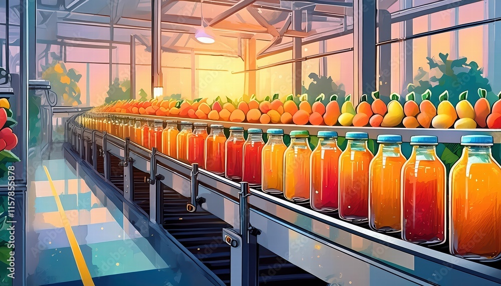 Poster the beverage factory efficient production line bottling fresh fruit juice on a conveyor belt for qua