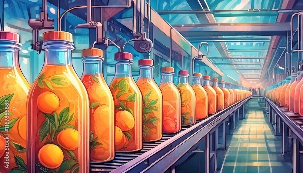 Poster beverage factory production line efficient bottling of fresh fruit juice on conveyor belt system for