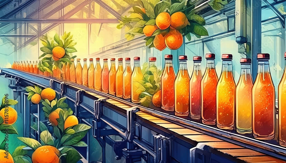 Poster beverage factory production line efficient bottling of fresh fruit juice on conveyor belt system for