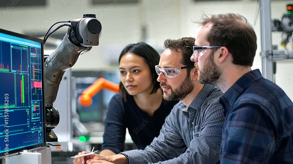Poster diverse team collaborating with robotic arm in high tech lab
