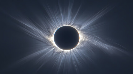 A stunning solar eclipse displays a dark sun surrounded by a radiant halo of light. Eclipticae. Illustration