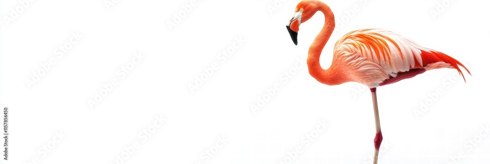 Poster captivating flamingo balancing elegantly on one leg against a blank background perfect for text plac