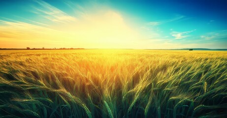 Obraz premium The expansive crop field illuminated by the warm colors of the summer twilight