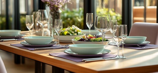 Elegant dining table setting with pastel plates, salad bowls, and glassware in sunlight.