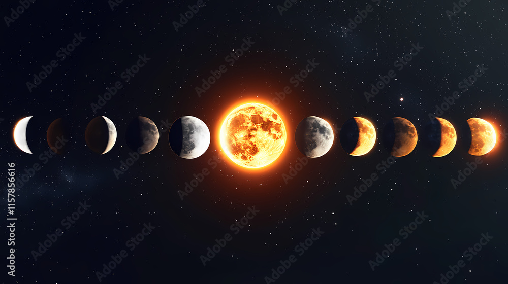 Wall mural a total and partial solar eclipse. the moon orbits the sun, creating different sunlit phases. a 3d a