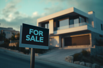 Obraz premium Modern house for sale. Large penthouse, villa, private house with “for sale” sign. Real estate, own home, real estate company advertising.