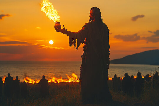 Gideon Stands Triumphantly at Sunset, Wielding a Flaming Torch to Inspire and Lead the Biblical Characters Gathered Before Him