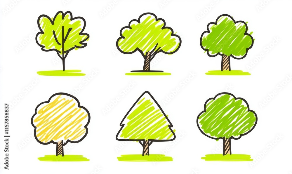 Poster creating a modern, hand-drawn illustration set featuring isolated tree sketches on a white backgroun