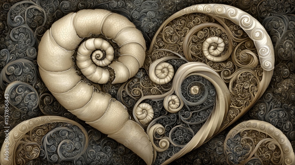 Poster intricate swirling heart design digital art abstract patterns dark background close-up view romantic