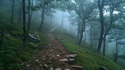 Obraz premium A misty forest path winding through a dense, moss-covered landscape.