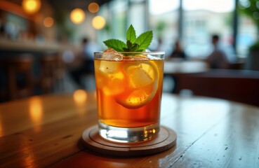 Closeup iced Long Island Iced Tea cocktail. Refreshing drink with lemon, mint. Served in glass on wooden table in cafe. Popular summer beverage. Great for photoshoots summer vibes cafe culture.