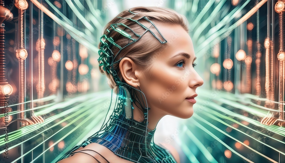 Poster the face of artificial intelligence a stunning visual representation with blue light and green lines