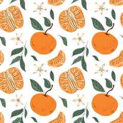 Seamless pattern with tangerines and green leaves on white background. Whole tangerines, slices, flowers, leaves. For packaging paper, textiles, packaging, cosmetics