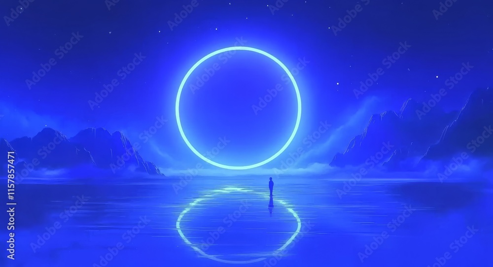 Poster in a dark setting with a space background, a large object dominates the center of a modern, futurist