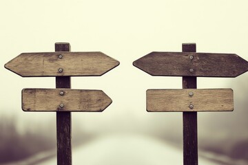 In a surreal setting, a road splits into two clear paths with signpost arrows indicating different directions, highlighting a tough decision