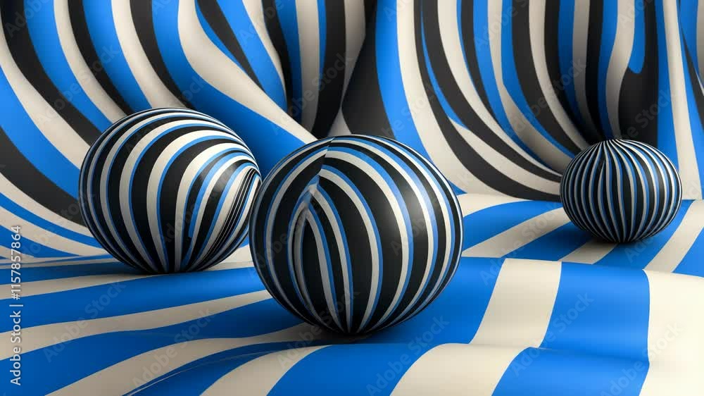 Poster striking spheres create dynamic contrast against flowing blue and black striped background in an art